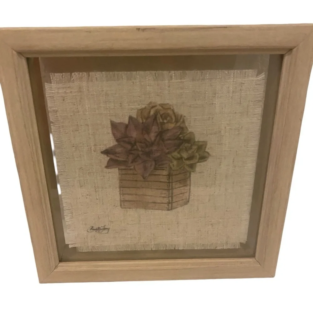 Vintage Signed Textured Fabric Botanical Wall Art with Natural Wood Frame 7”x 7”